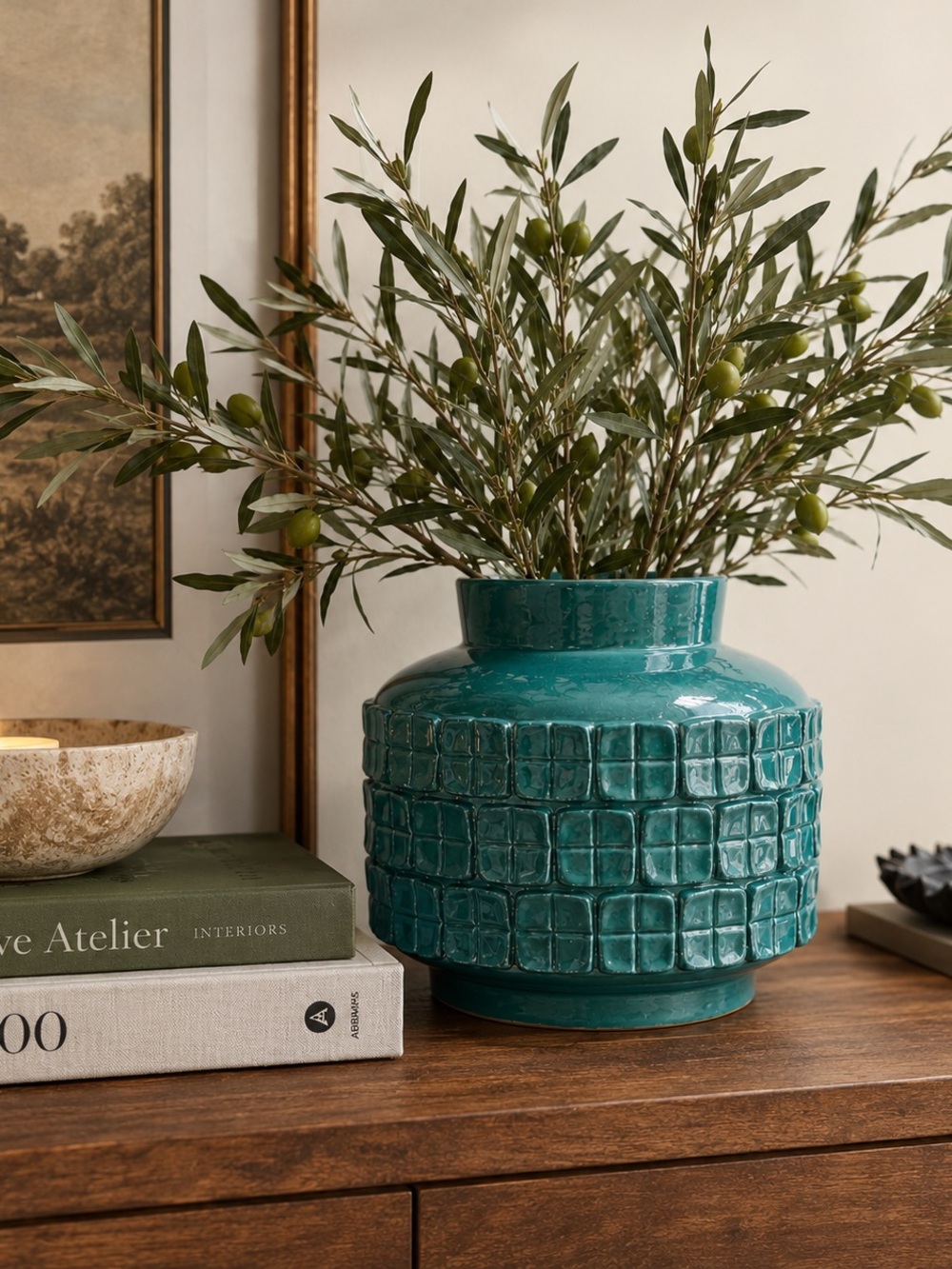 Crate & Barrel Vianni Textured Ceramic Vase—Rare Teal Statement Vase